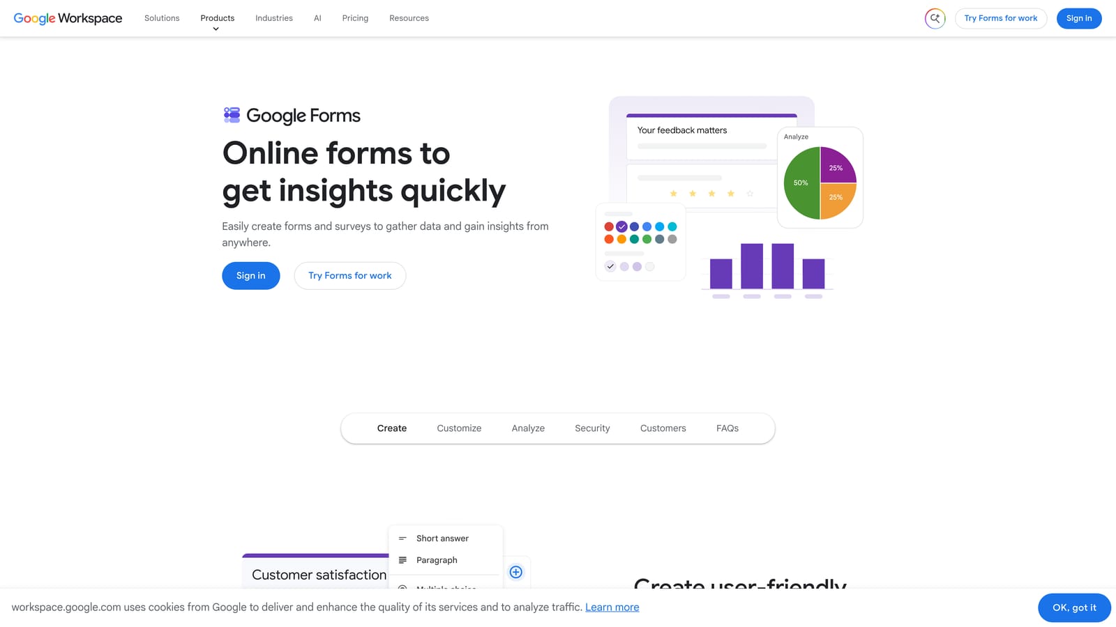 Screenshot of Google Forms website