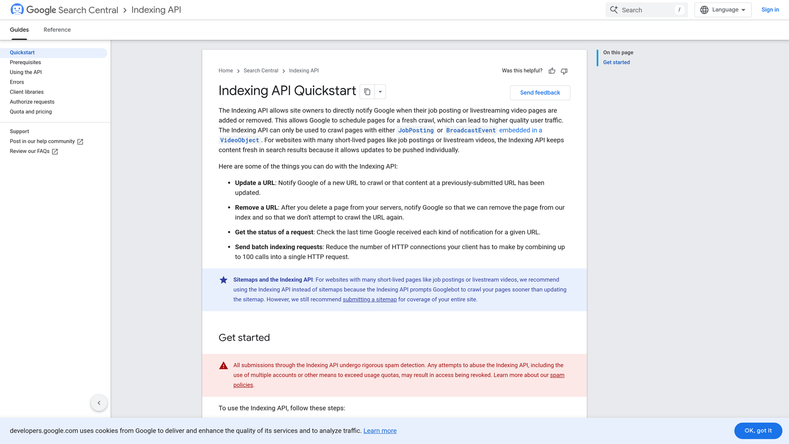 Screenshot of Google Indexing API website