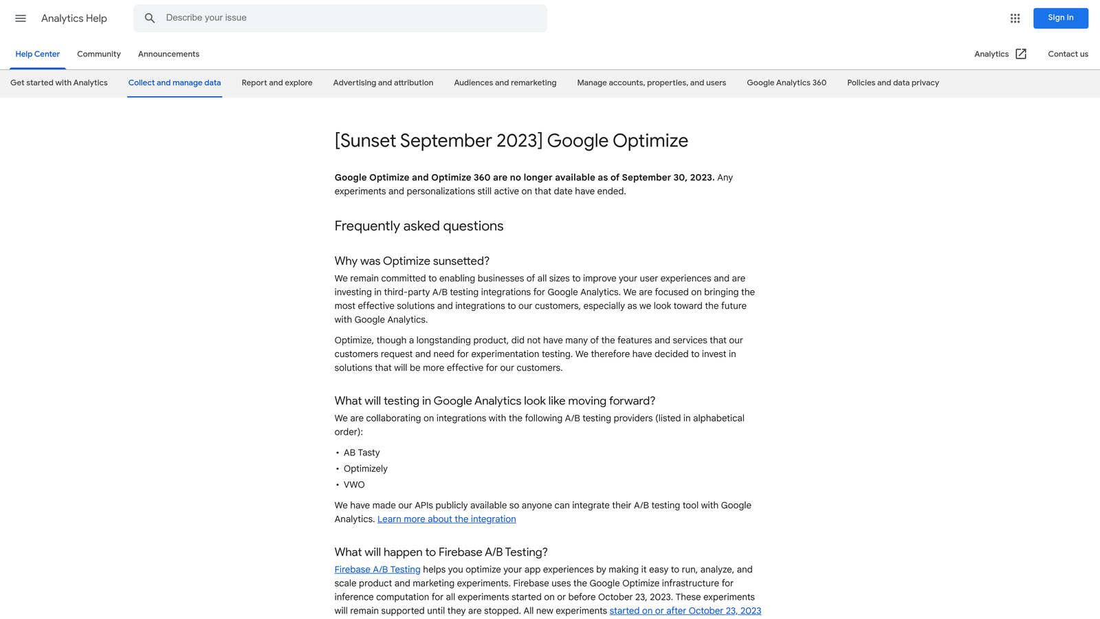 Screenshot of Google Optimize website