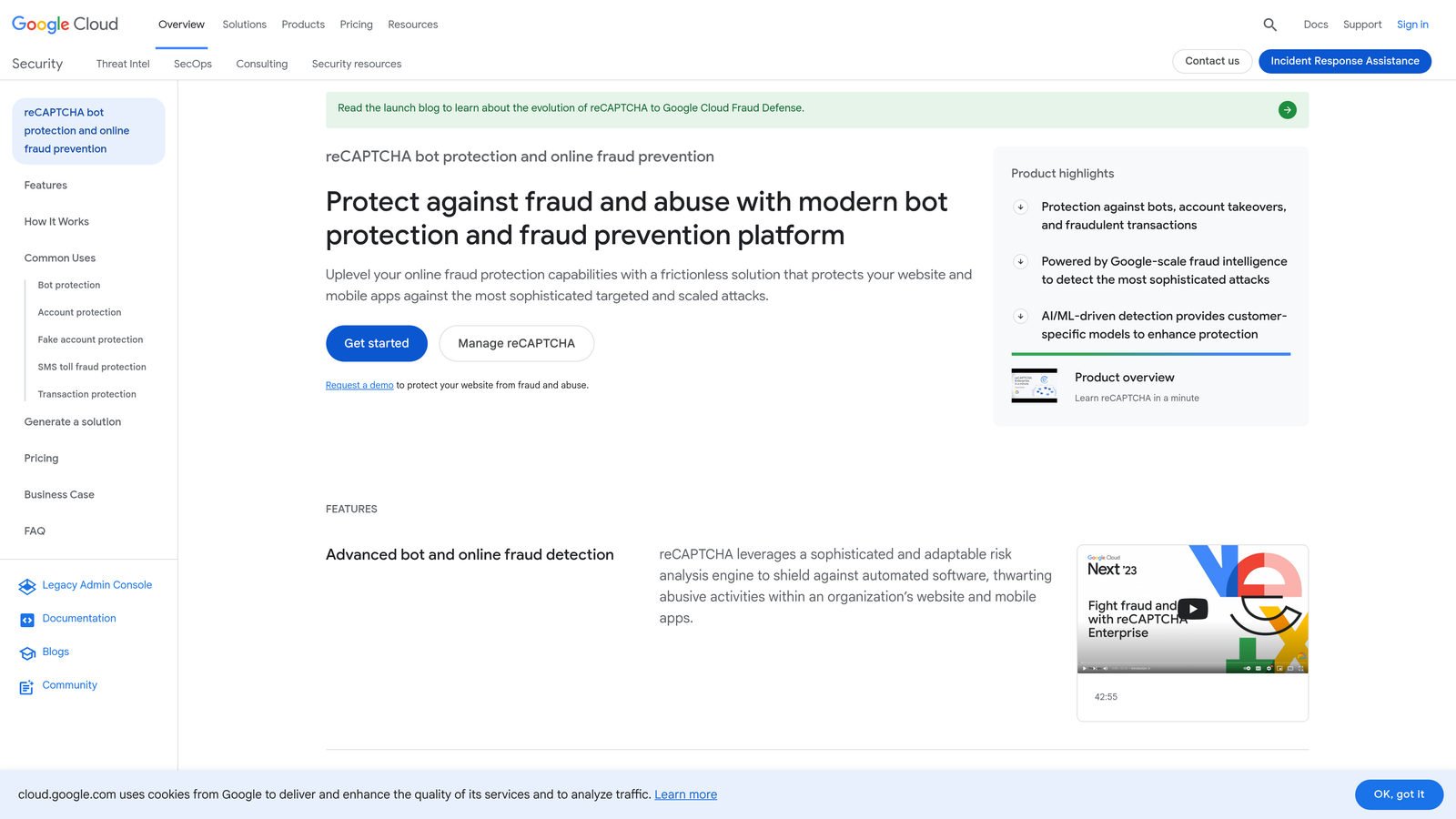 Screenshot of Google reCAPTCHA website