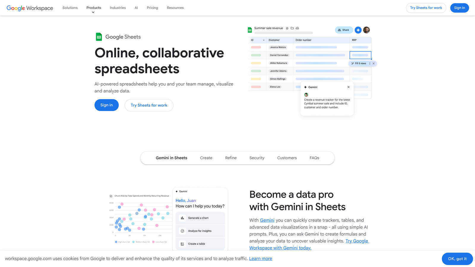 Screenshot of Google Sheets website