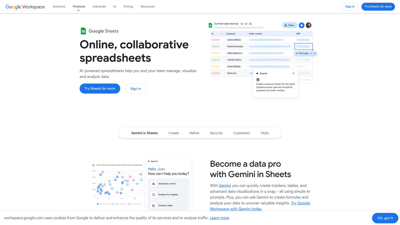 Screenshot of Google Sheets website