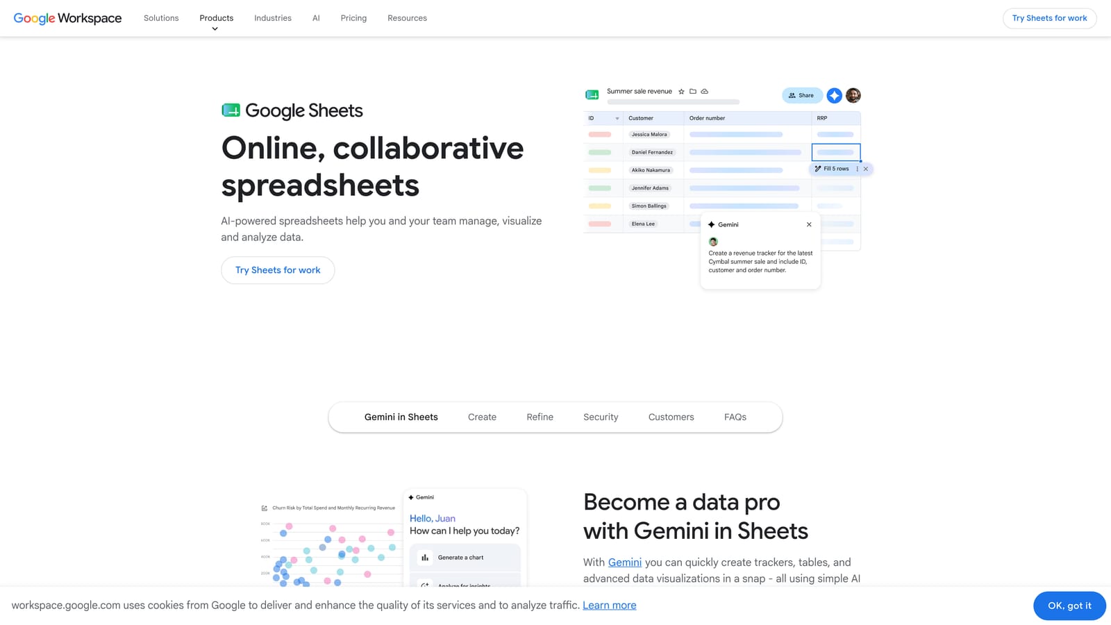 Screenshot of Google Sheets website