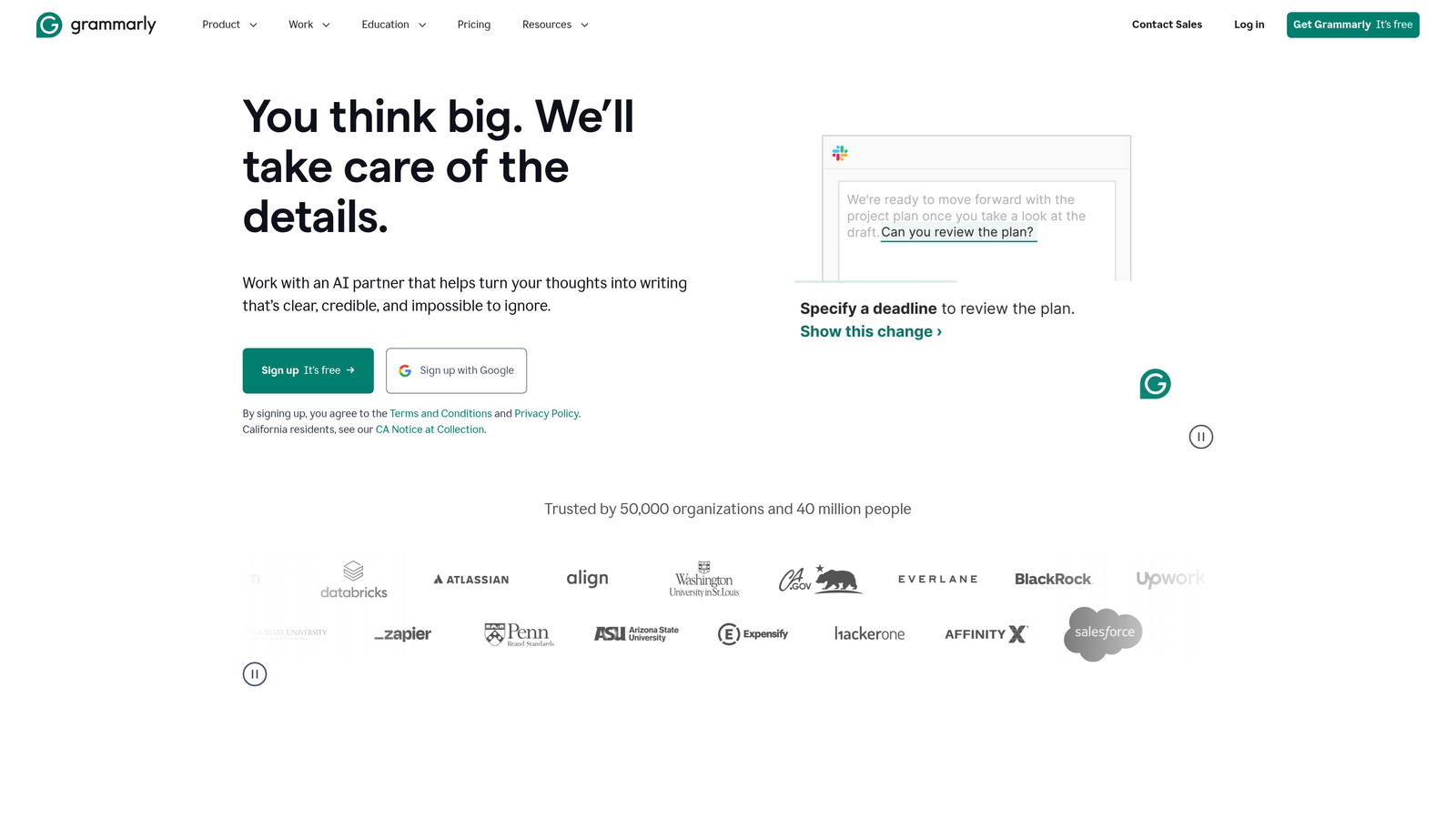Screenshot of Grammarly Business website homepage