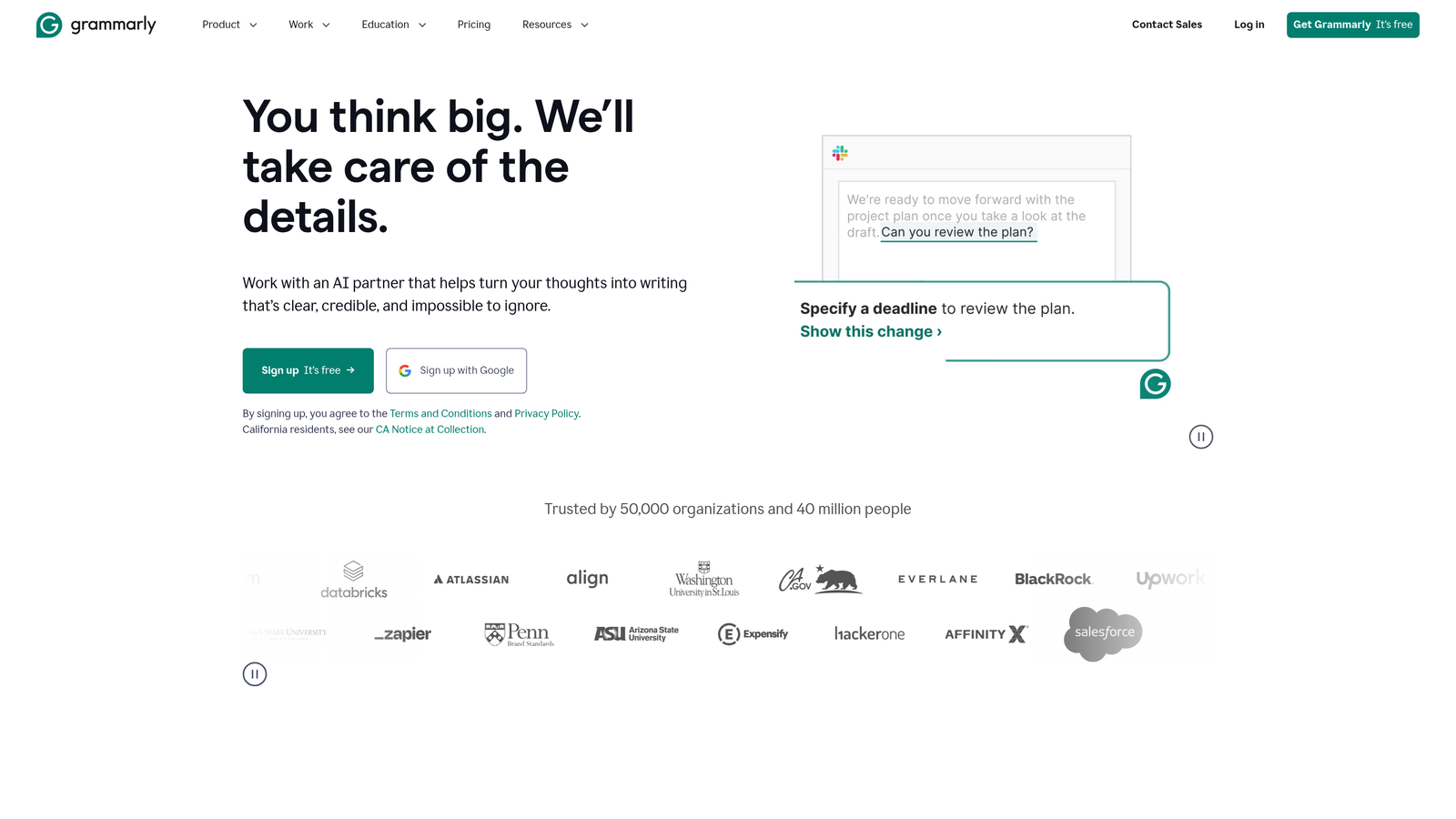 Screenshot of Grammarly Business website homepage