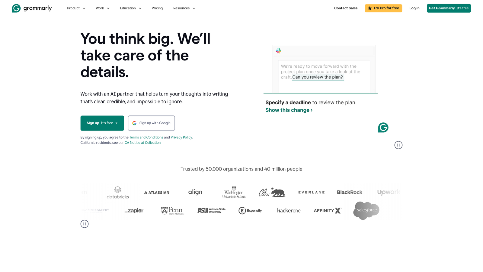 Screenshot of Grammarly Business website homepage