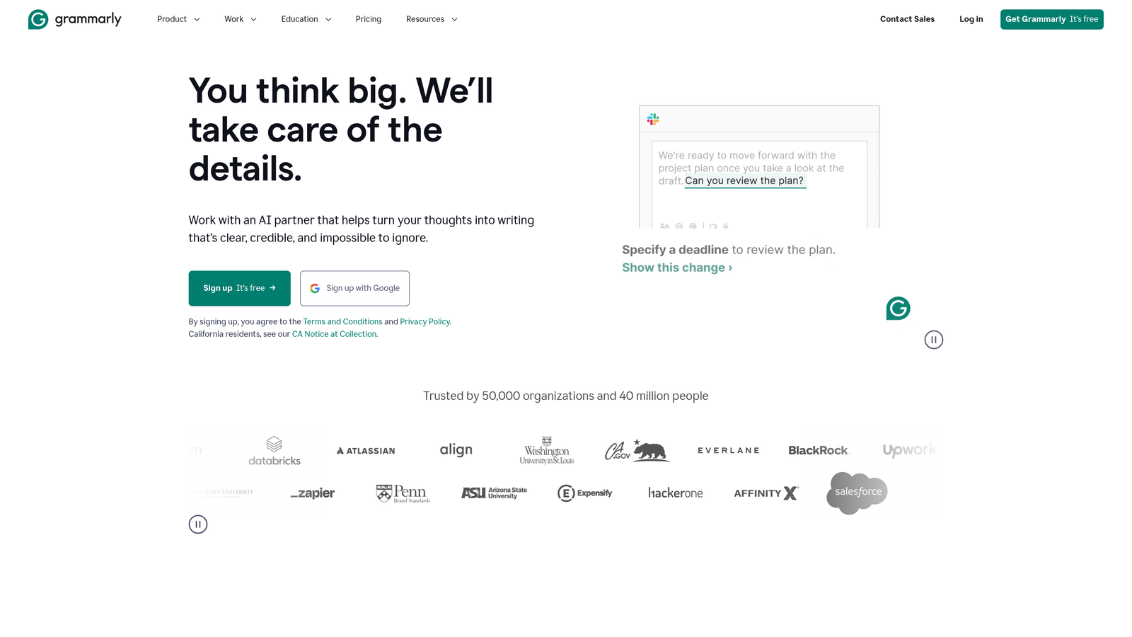 Screenshot of Grammarly Business website homepage