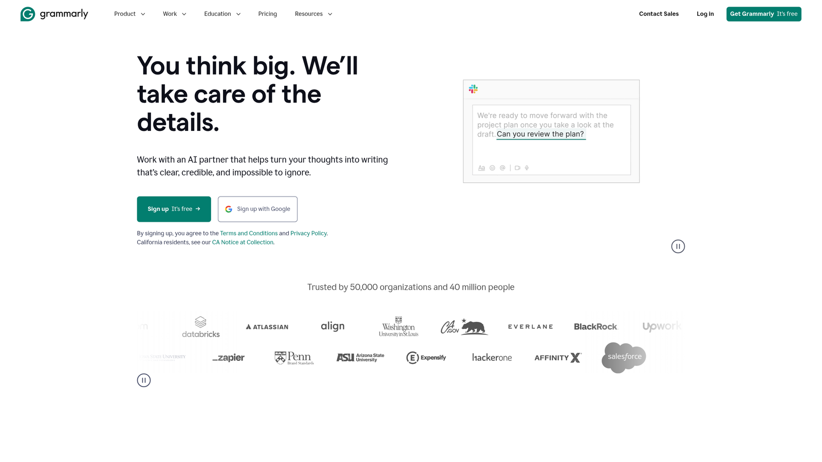 Screenshot of Grammarly Business website homepage