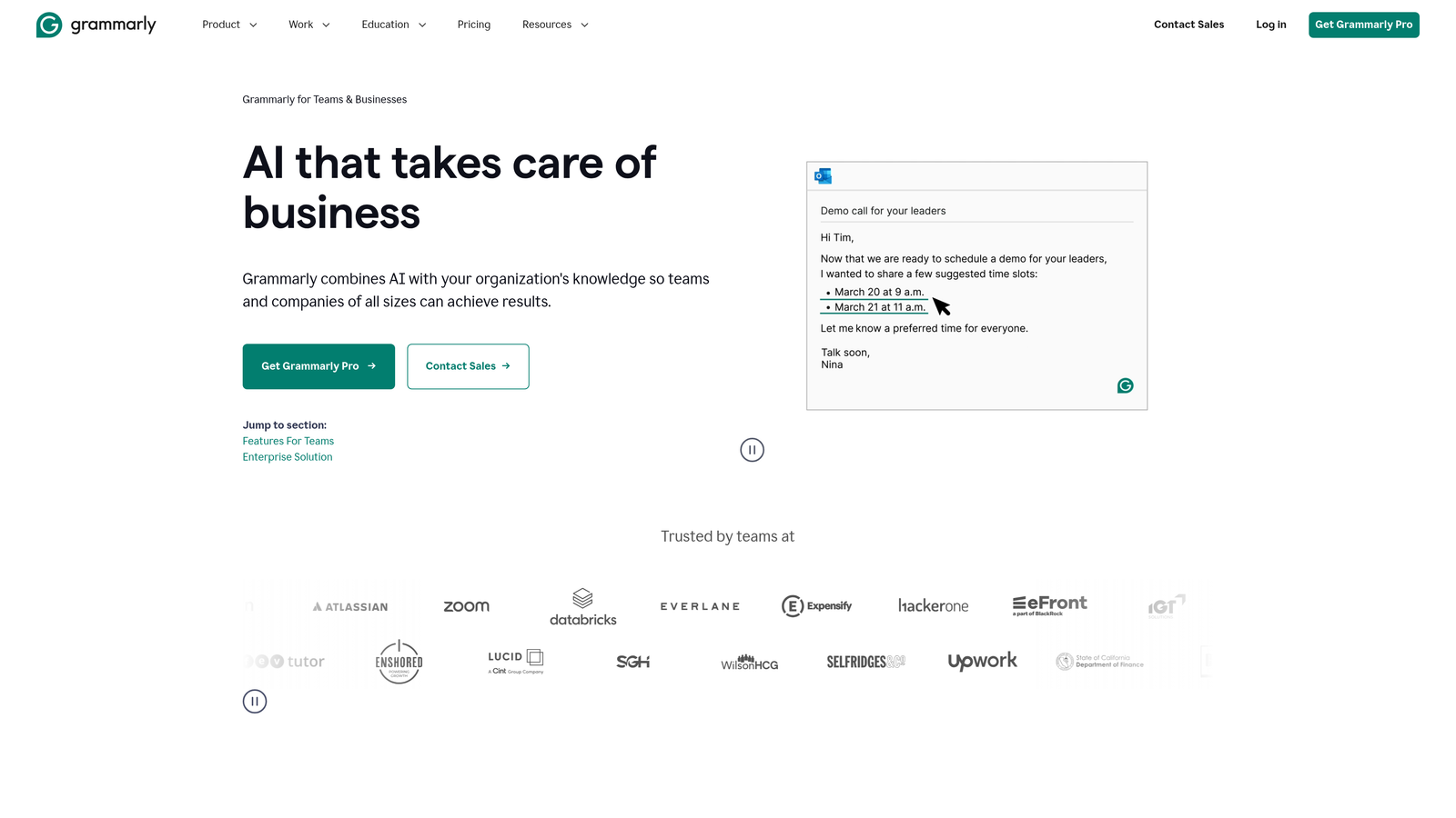 Screenshot of Grammarly Business website