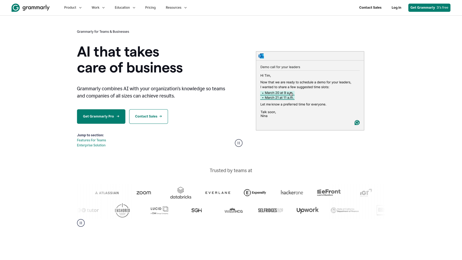 Screenshot of Grammarly Business website