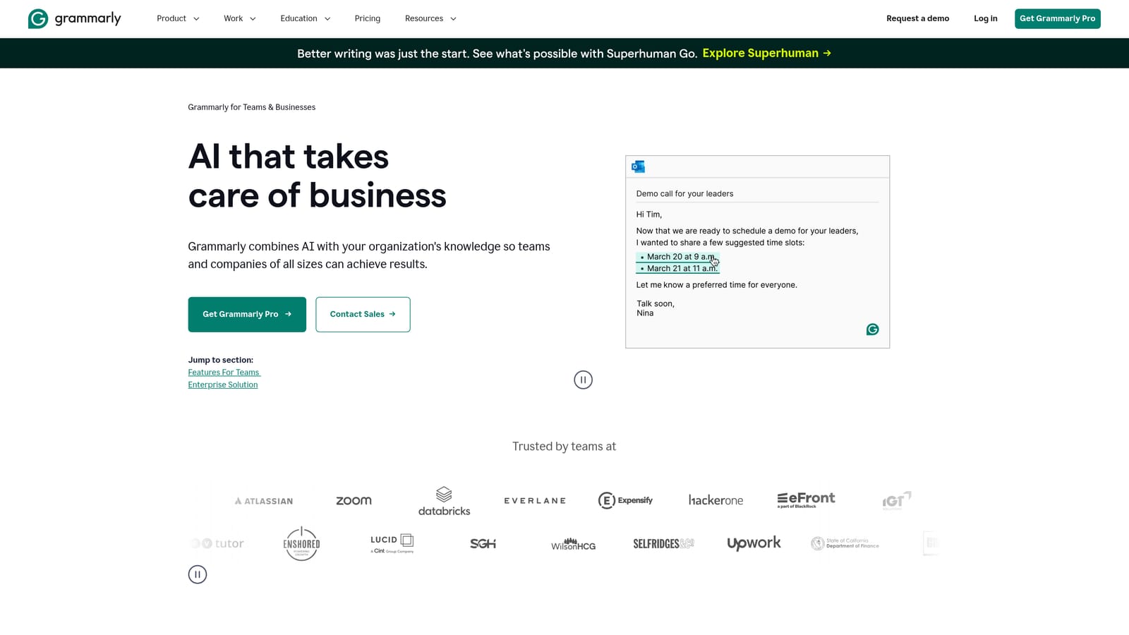 Screenshot of Grammarly Business website