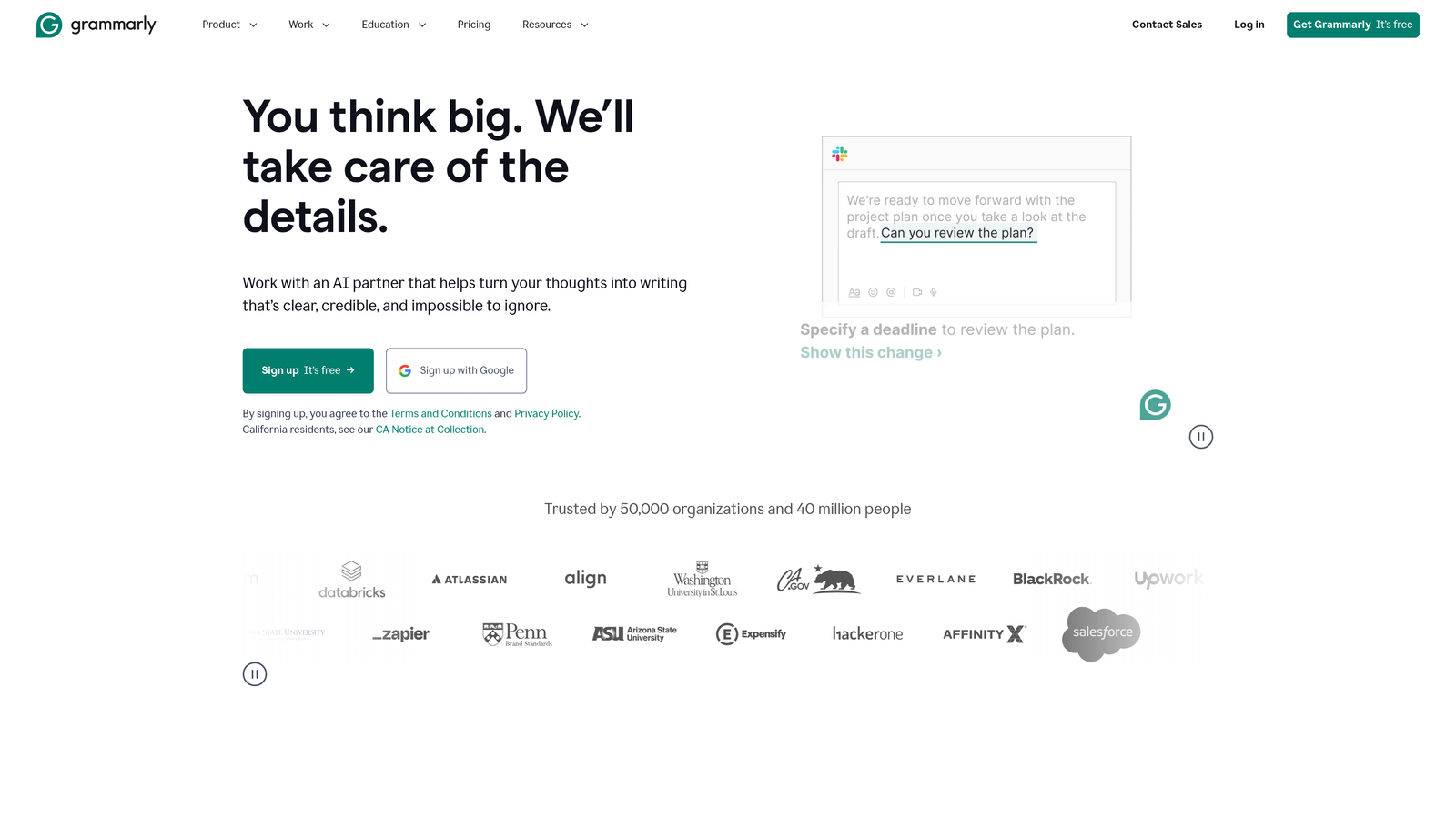 Screenshot of Grammarly website homepage