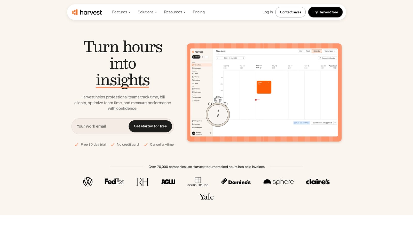 Screenshot of Harvest website