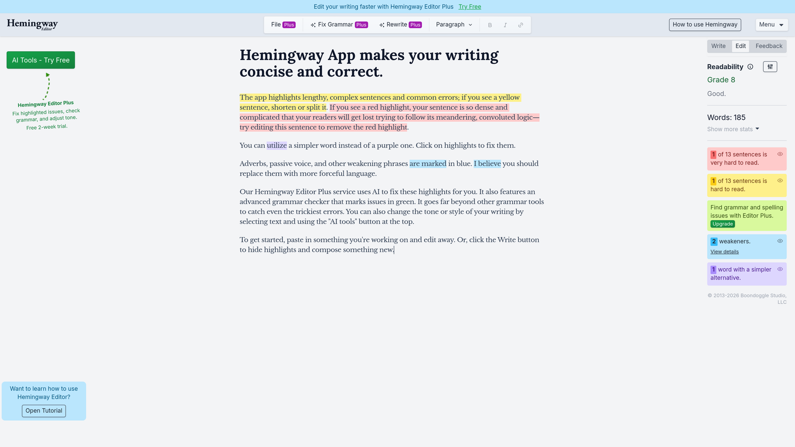 Screenshot of Hemingway Editor website