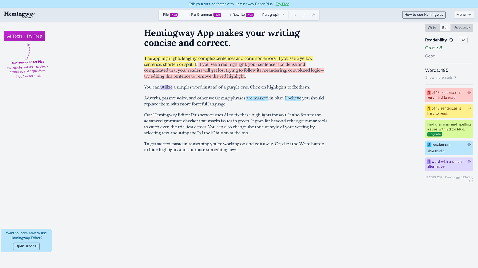 Screenshot of Hemingway Editor website