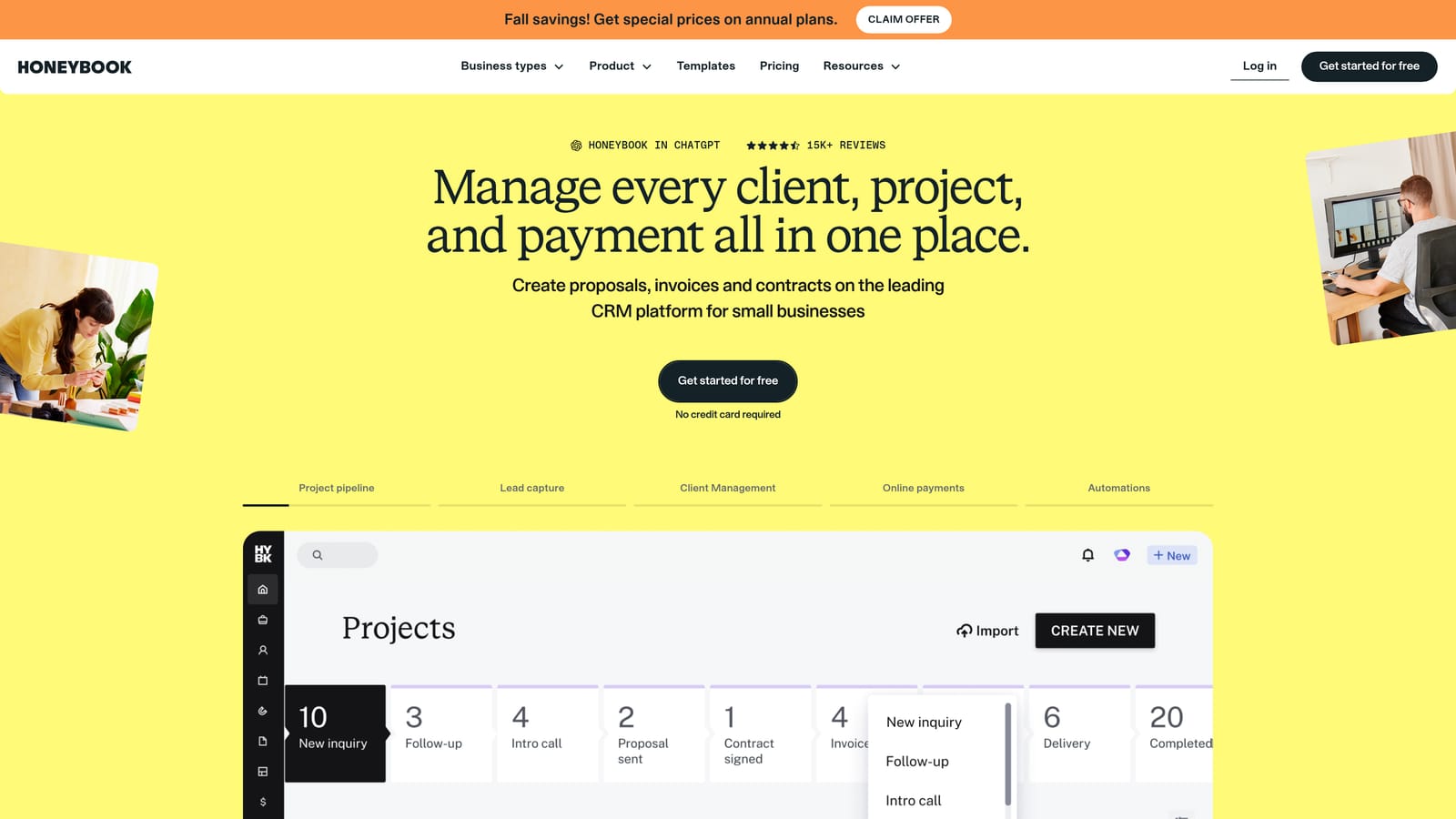 Screenshot of HoneyBook website
