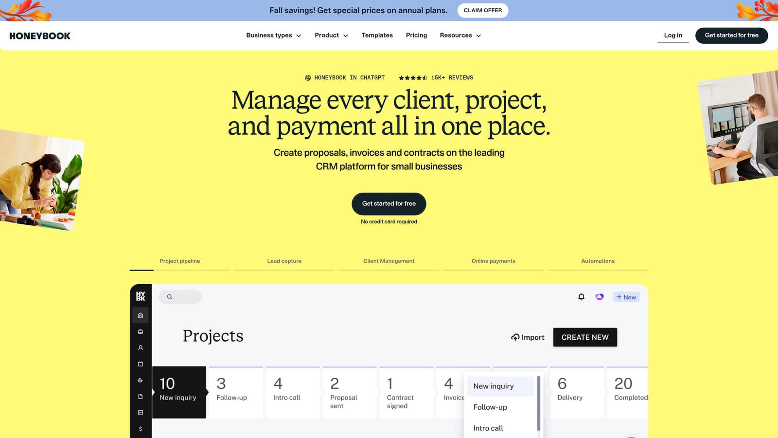 Screenshot of HoneyBook website
