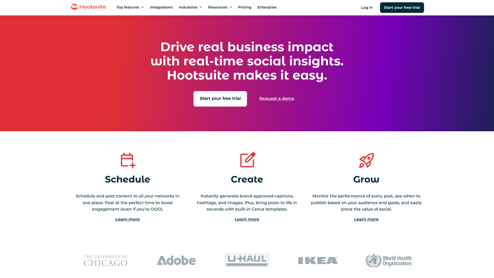 Screenshot of Hootsuite website homepage