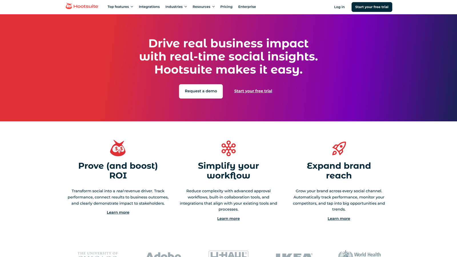 Screenshot of Hootsuite website homepage