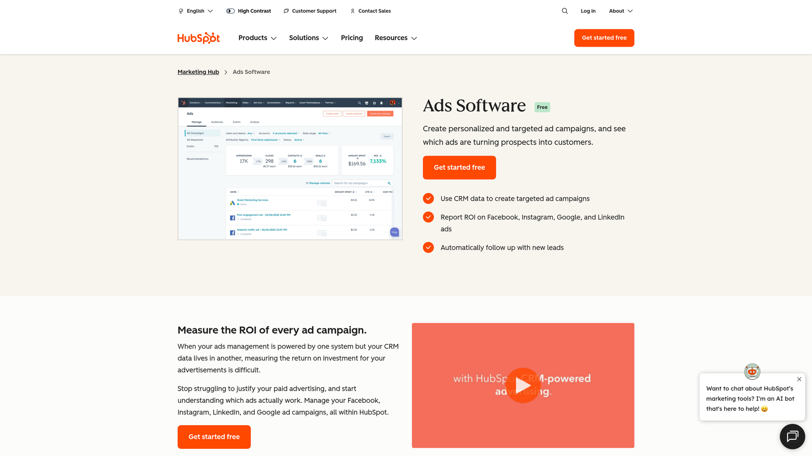 Screenshot of HubSpot Ads Software website