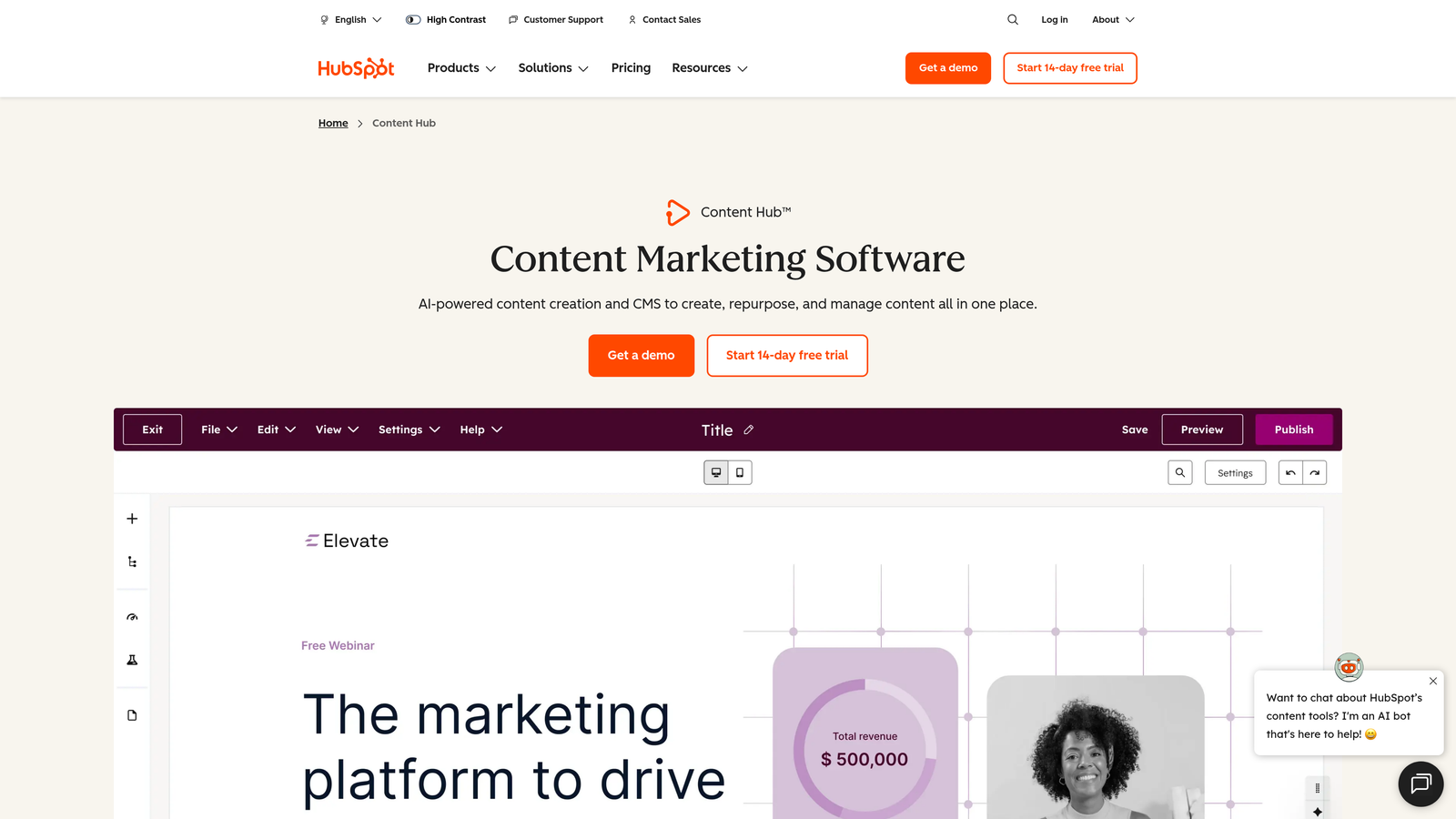 Screenshot of HubSpot Content Hub website
