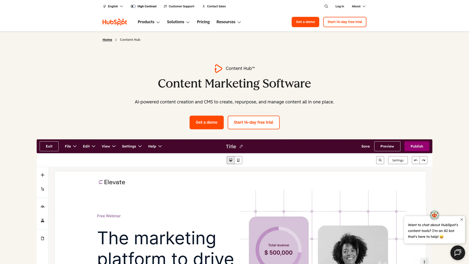 Screenshot of HubSpot Content Hub website