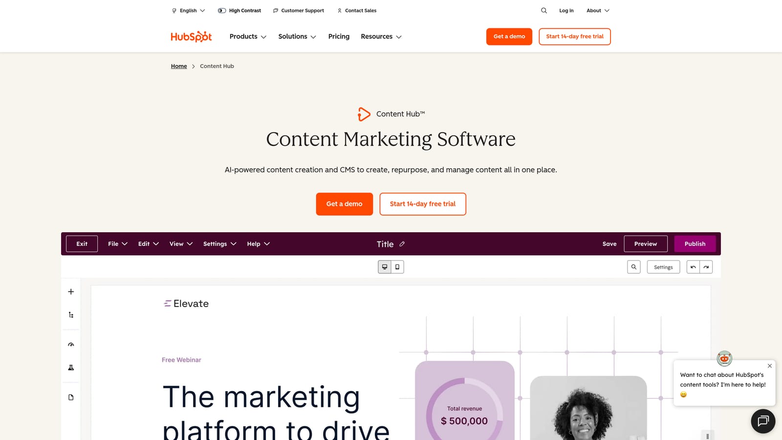 Screenshot of HubSpot Content Hub website