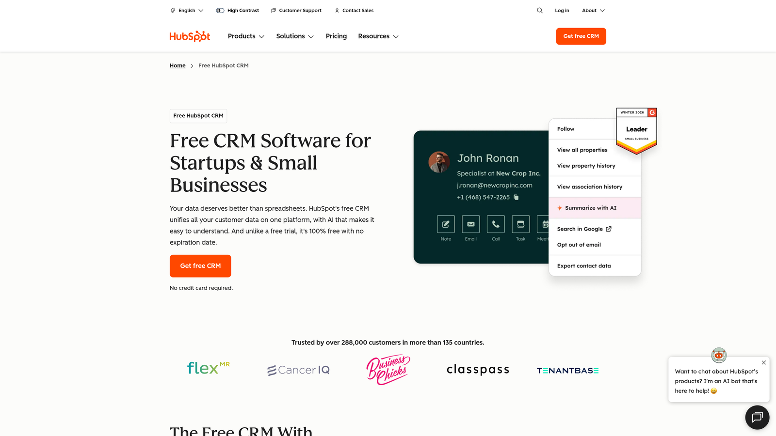 Screenshot of HubSpot CRM website