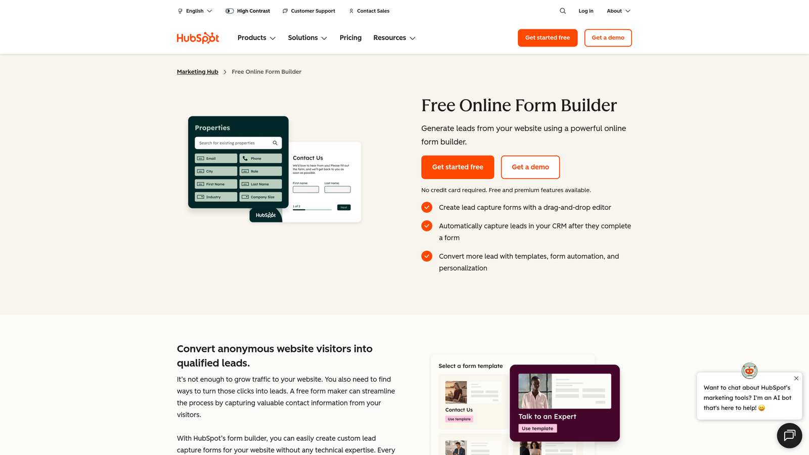 Screenshot of HubSpot Free Forms website