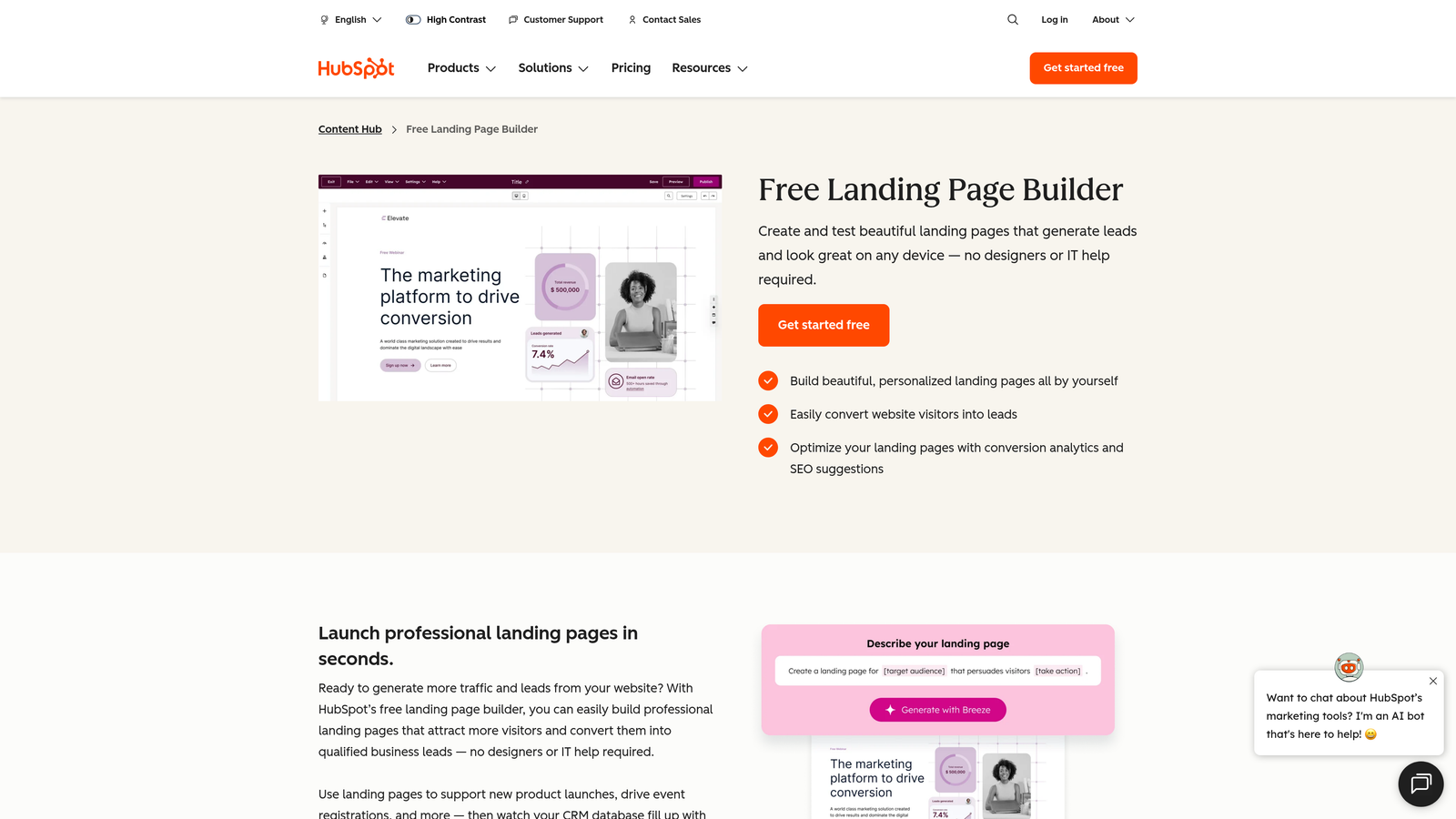 Screenshot of HubSpot Landing Pages website