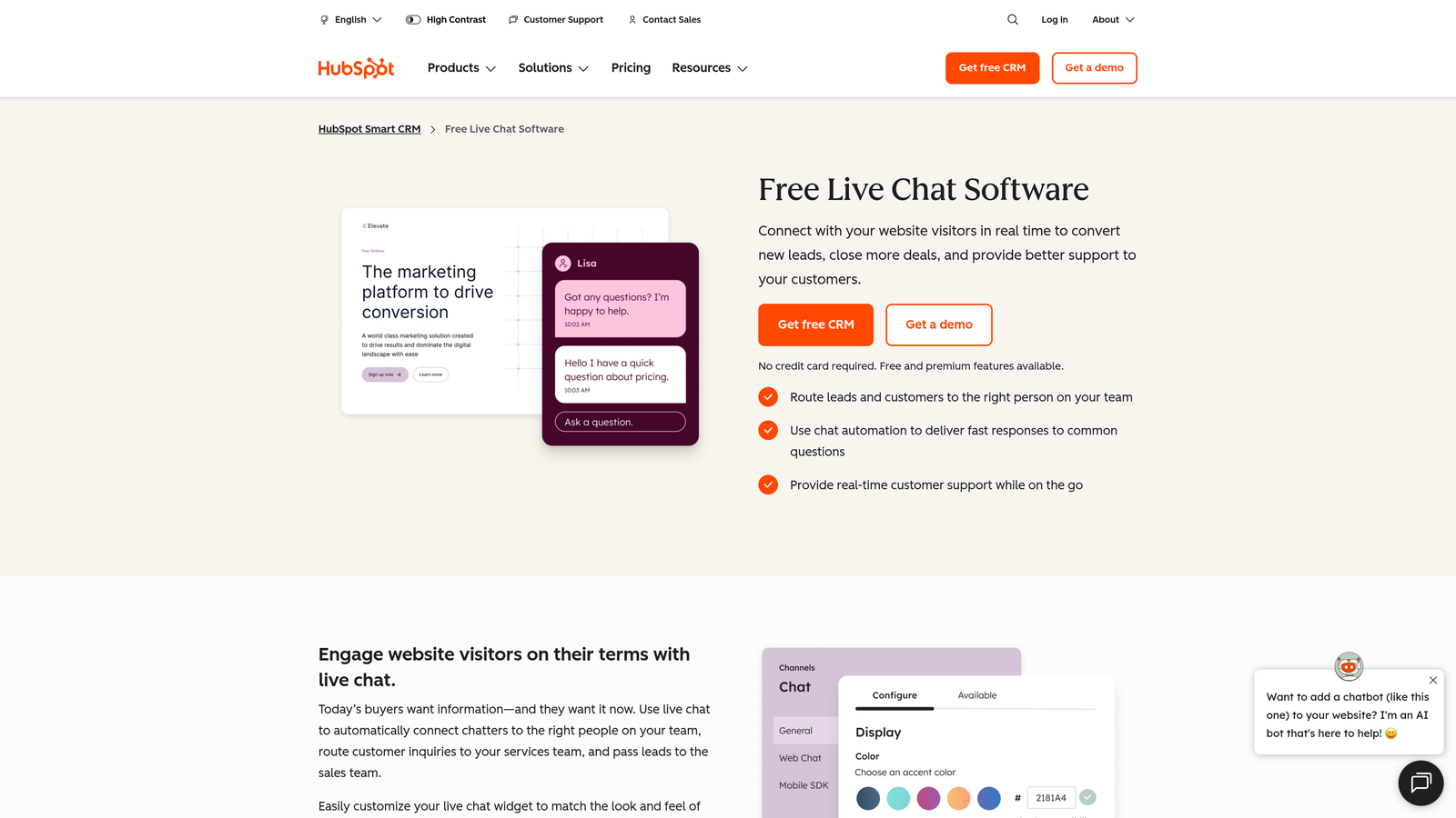 Screenshot of HubSpot Live Chat website