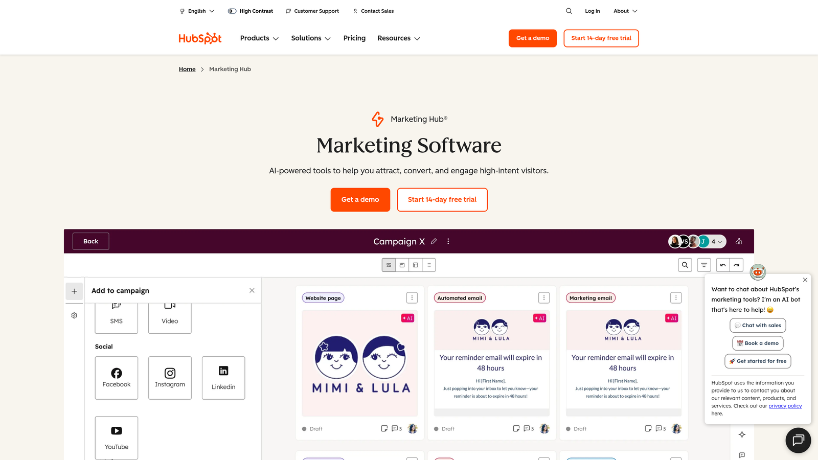 Screenshot of HubSpot Marketing Hub website