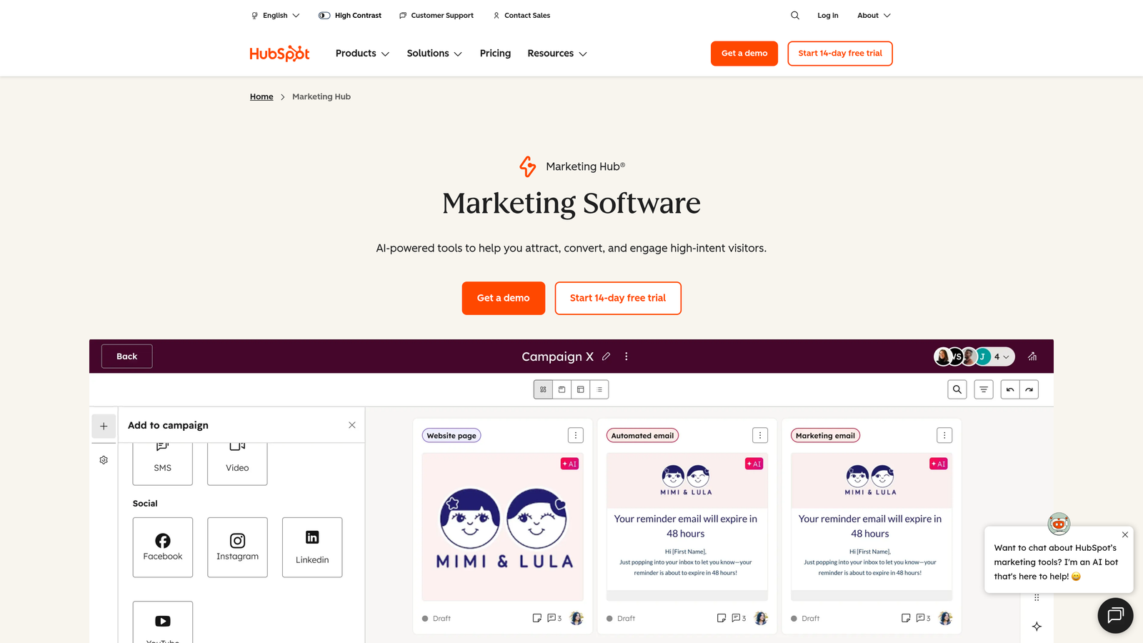 Screenshot of HubSpot Marketing Hub website