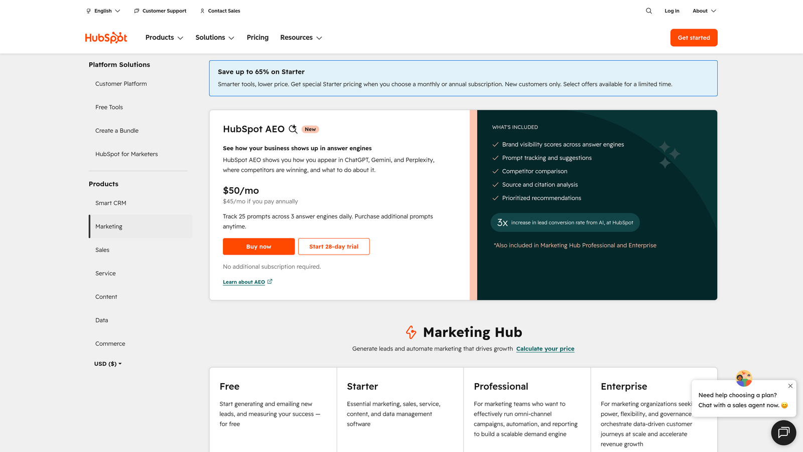 Screenshot of HubSpot Marketing Hub website