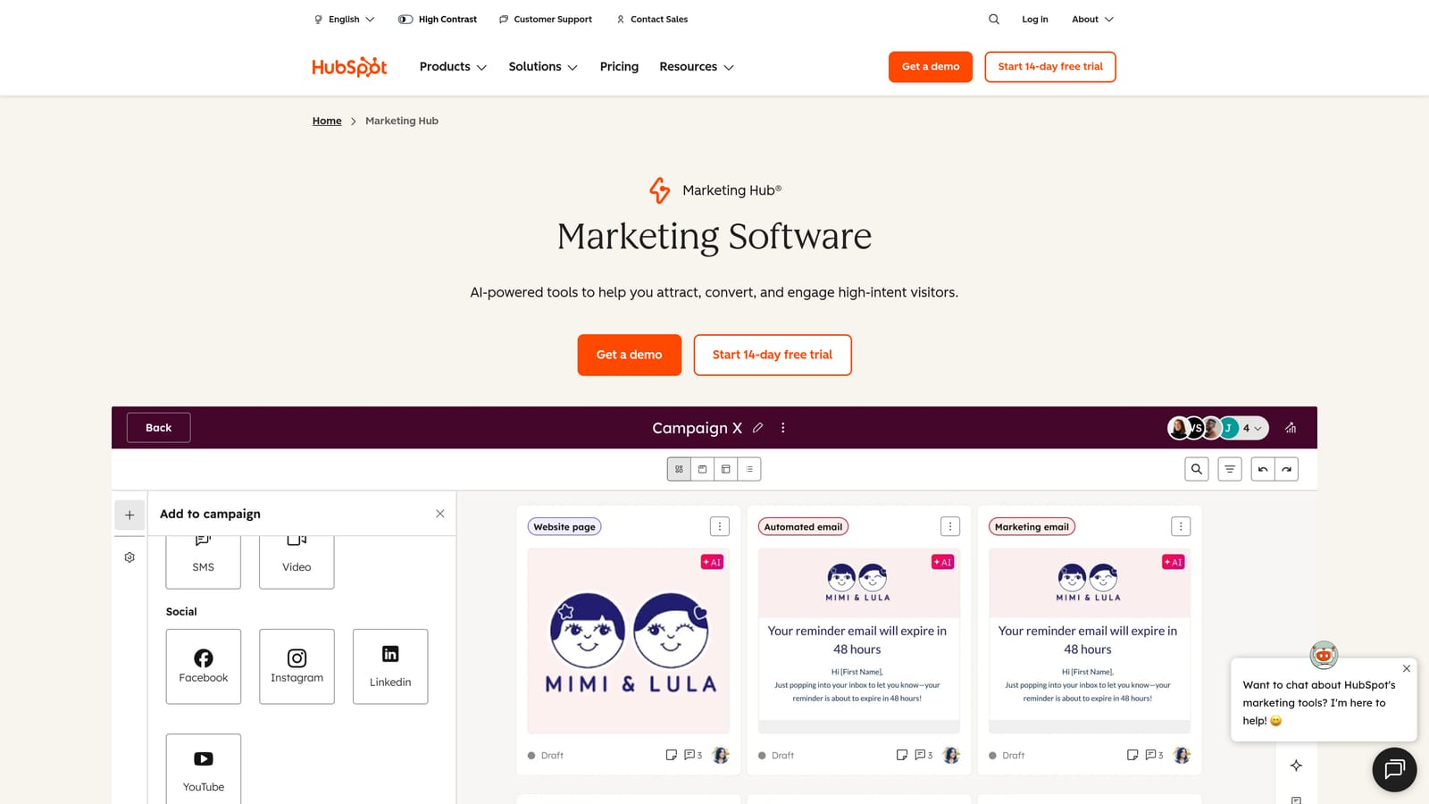Screenshot of HubSpot Marketing Hub website