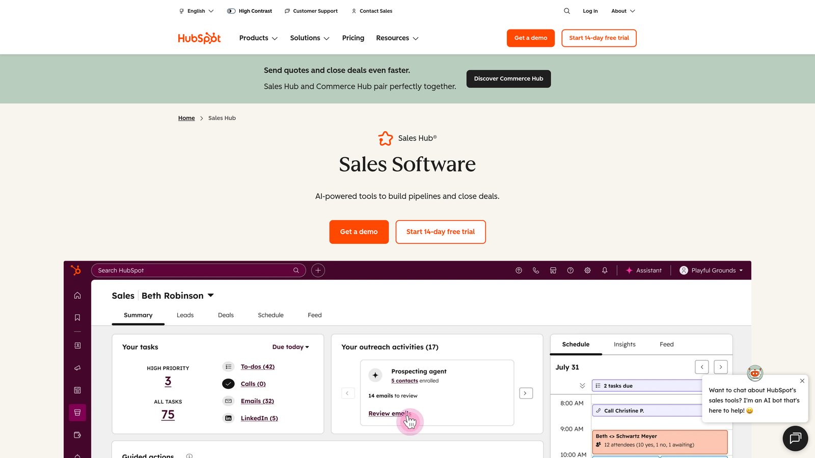 Screenshot of HubSpot Sales Hub website