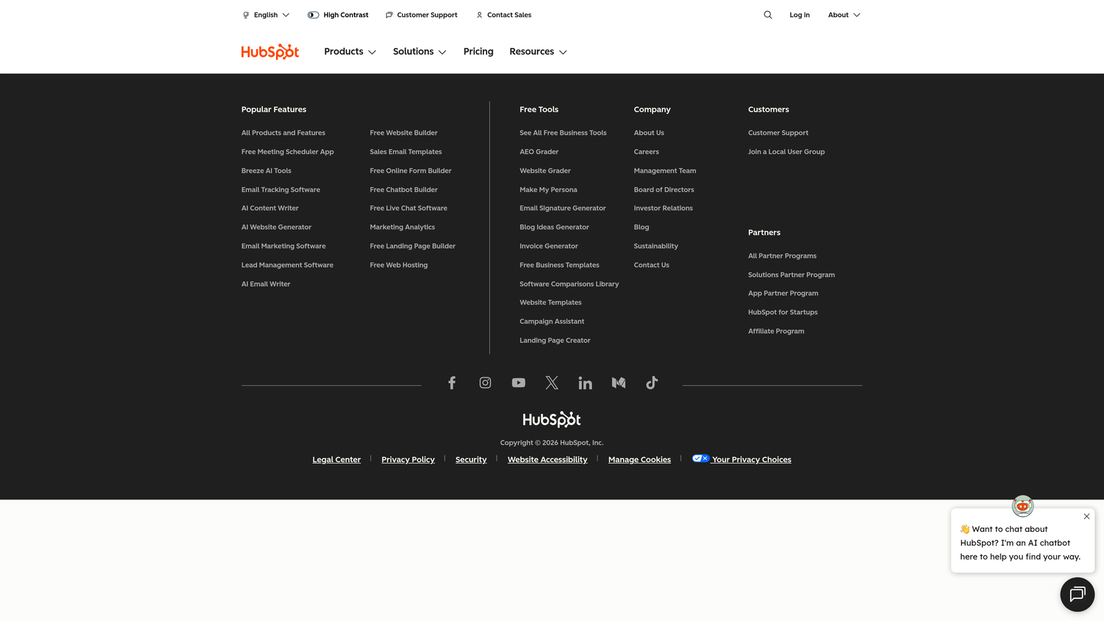 Screenshot of HubSpot website homepage
