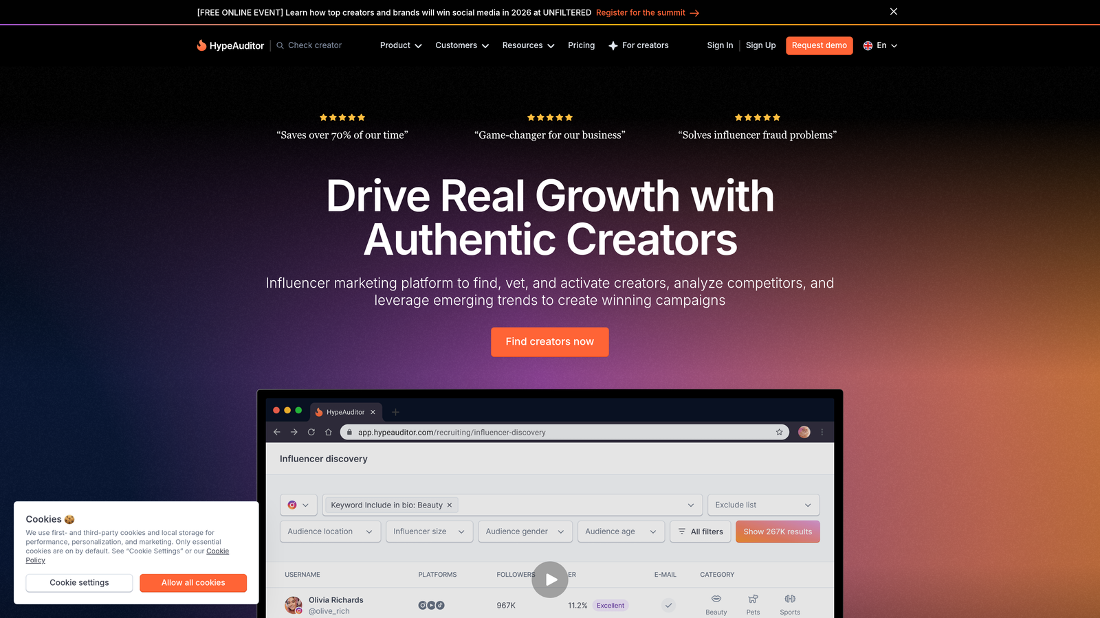 Screenshot of HypeAuditor AI Tracker website