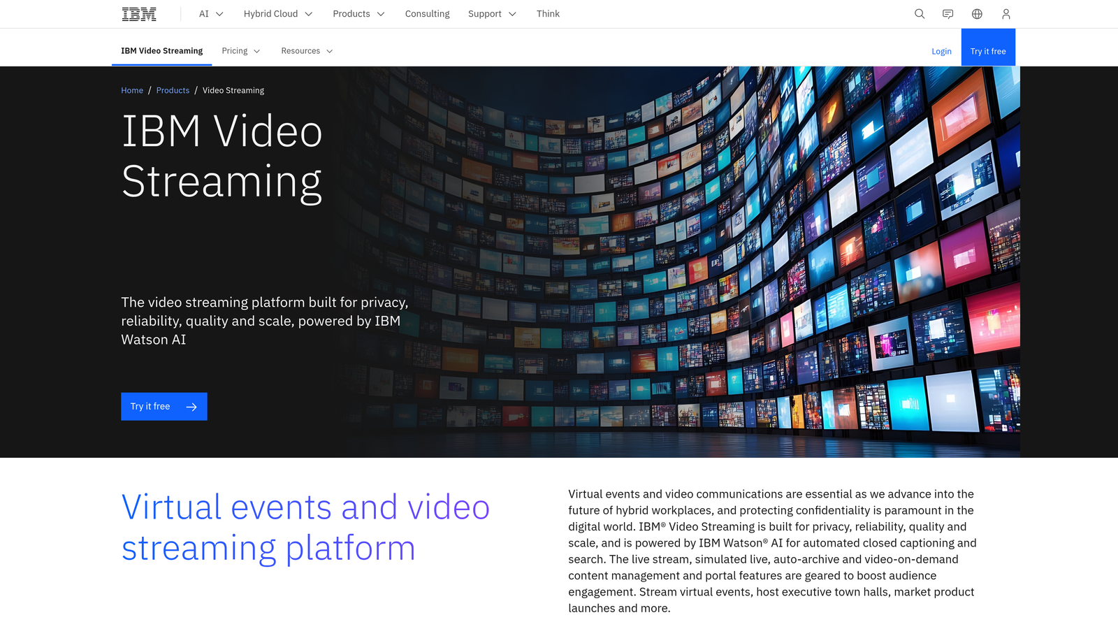 Screenshot of IBM Video Streaming website