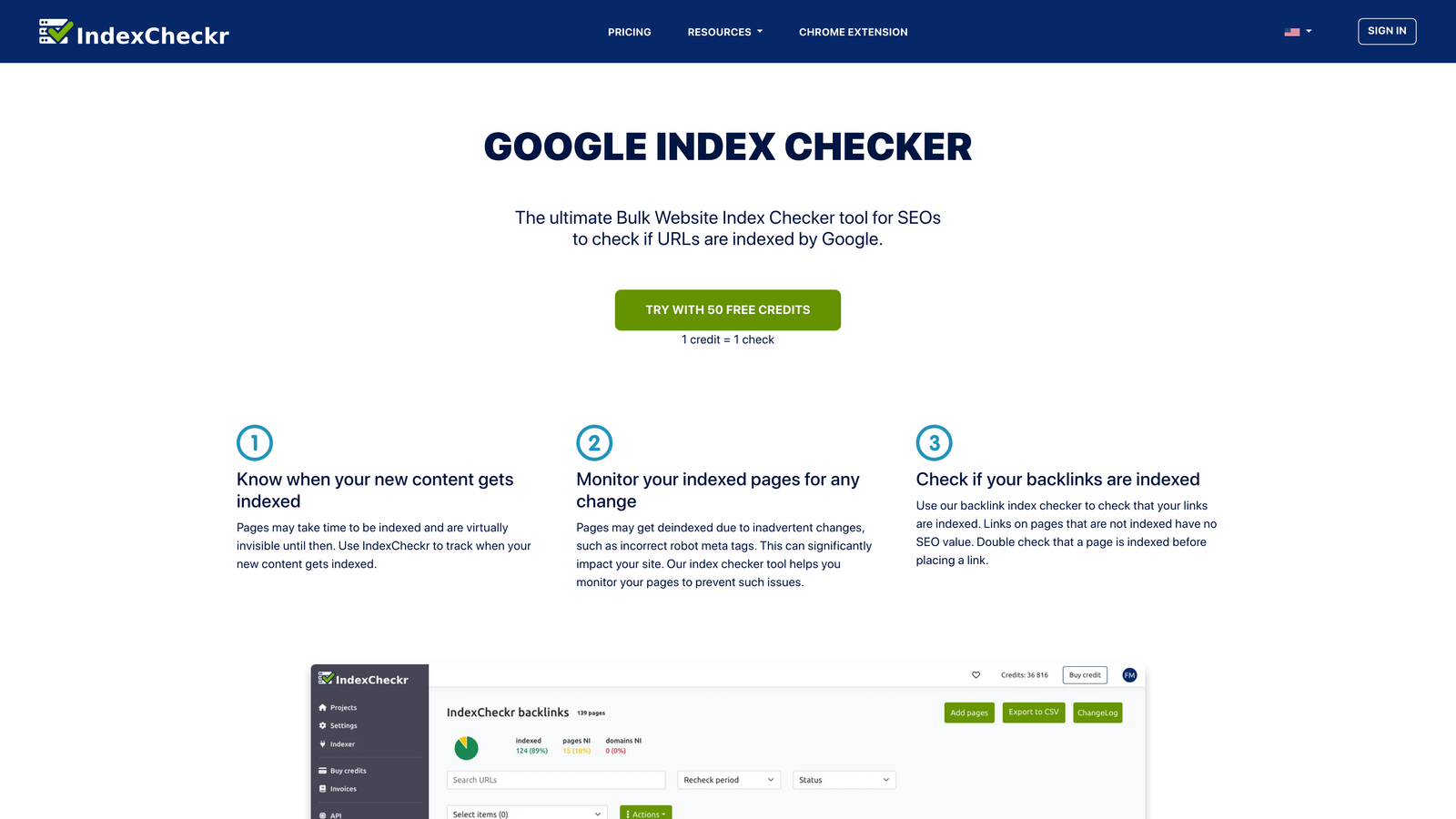 Screenshot of IndexCheckr website
