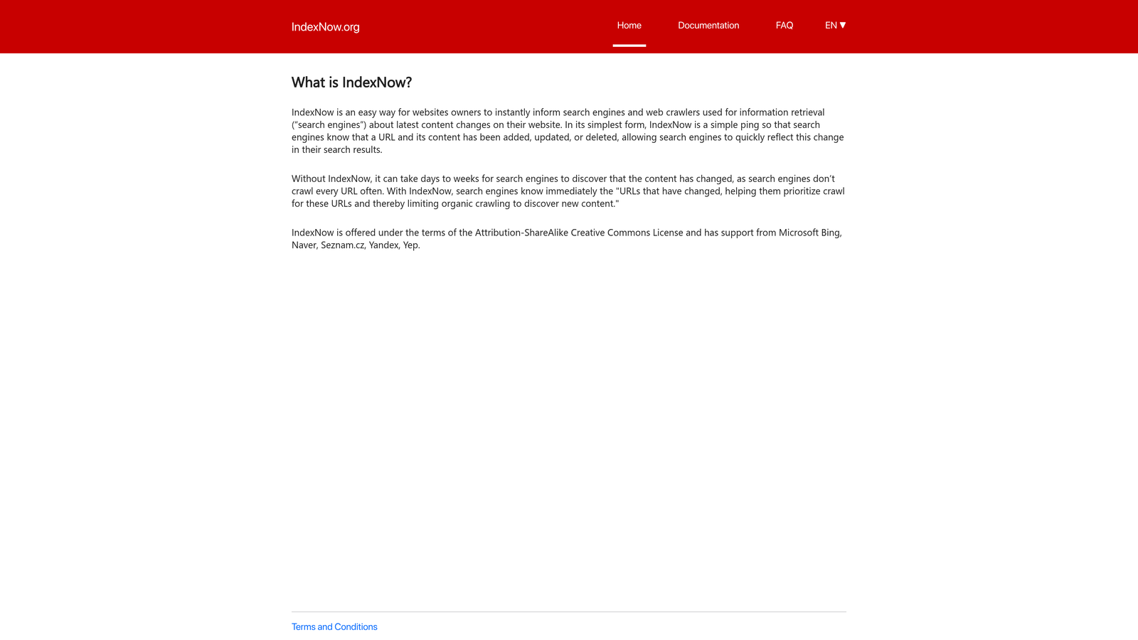 Screenshot of IndexNow website