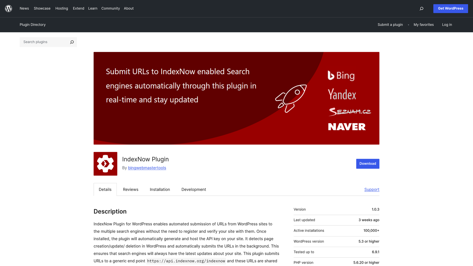 Screenshot of IndexNow WordPress Plugin website
