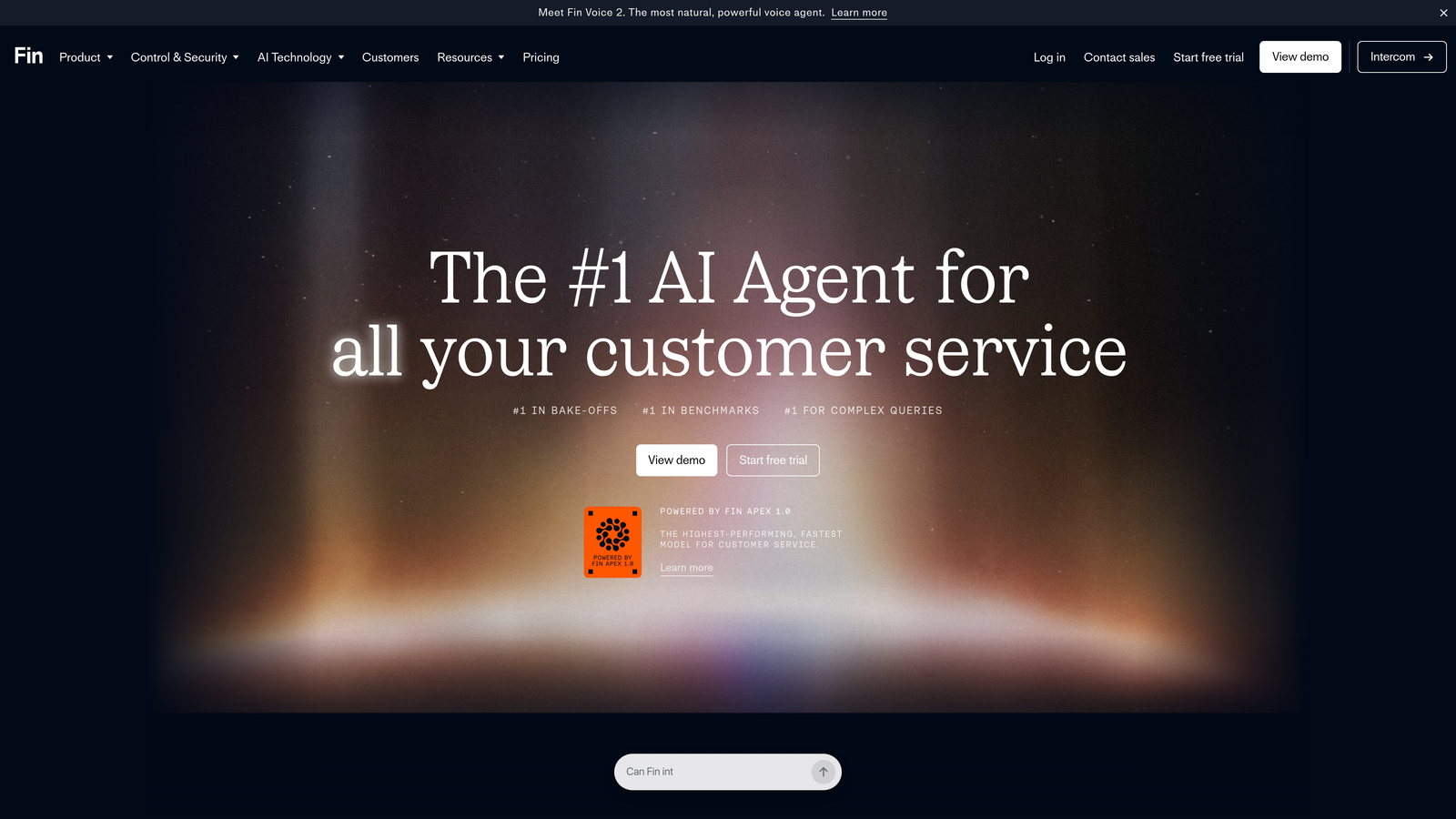Screenshot of Intercom (Fin AI) website