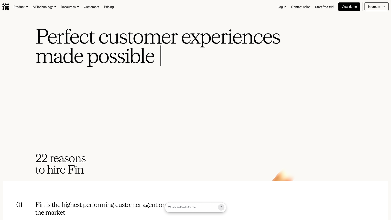 Screenshot of Intercom (Fin AI) website