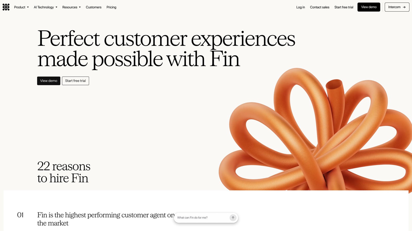 Screenshot of Intercom (Fin AI) website