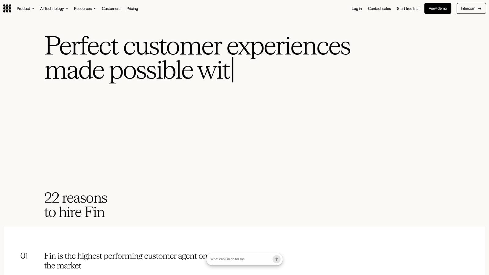 Screenshot of Intercom (Fin AI) website