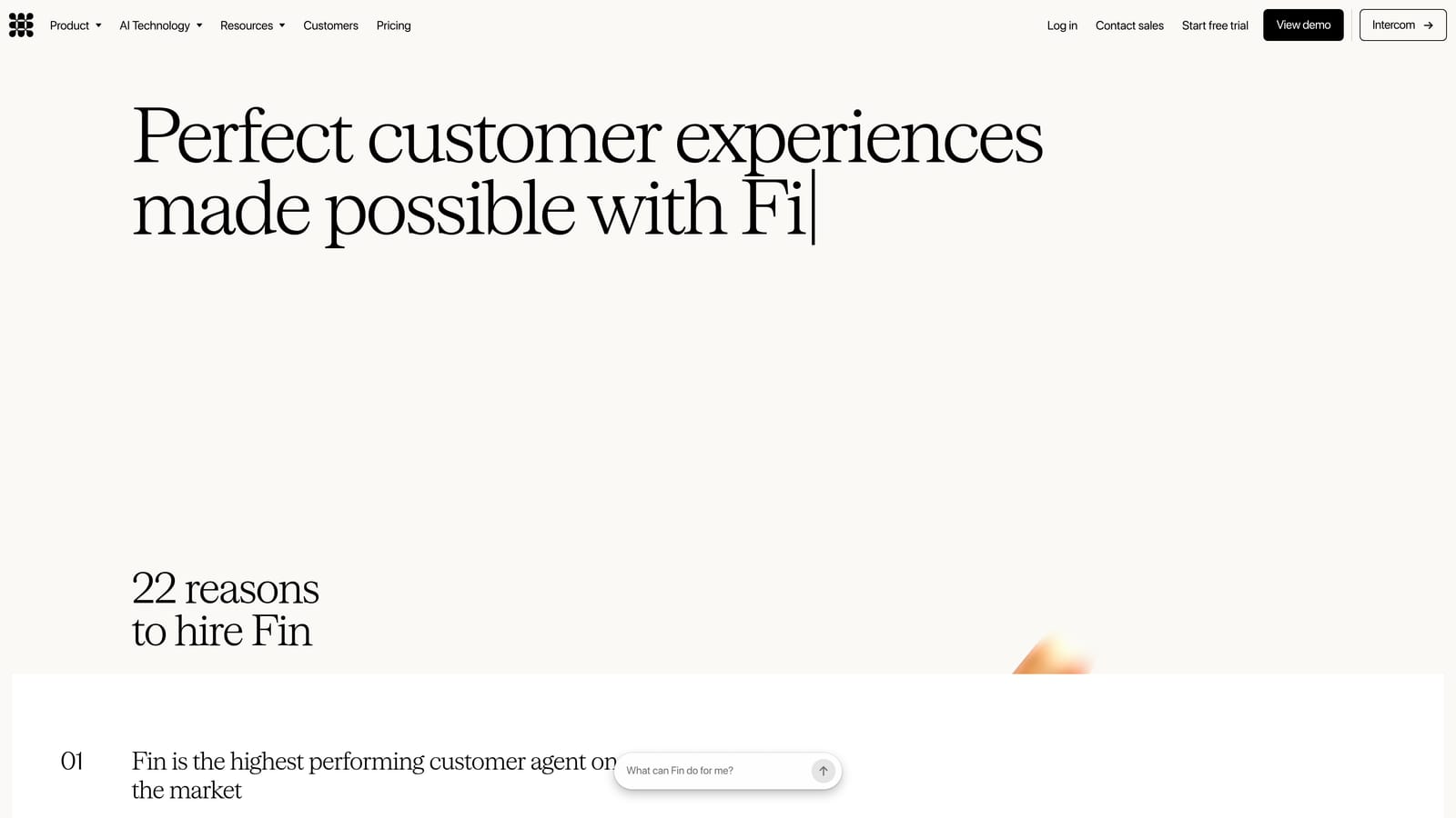Screenshot of Intercom (Fin AI) website
