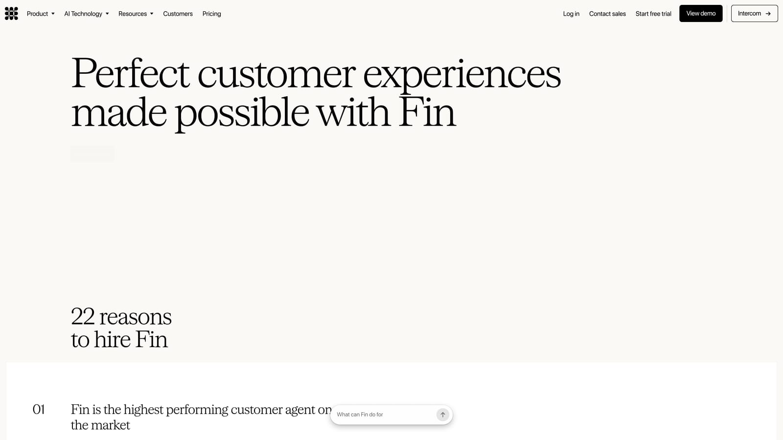 Screenshot of Intercom (Fin AI) website