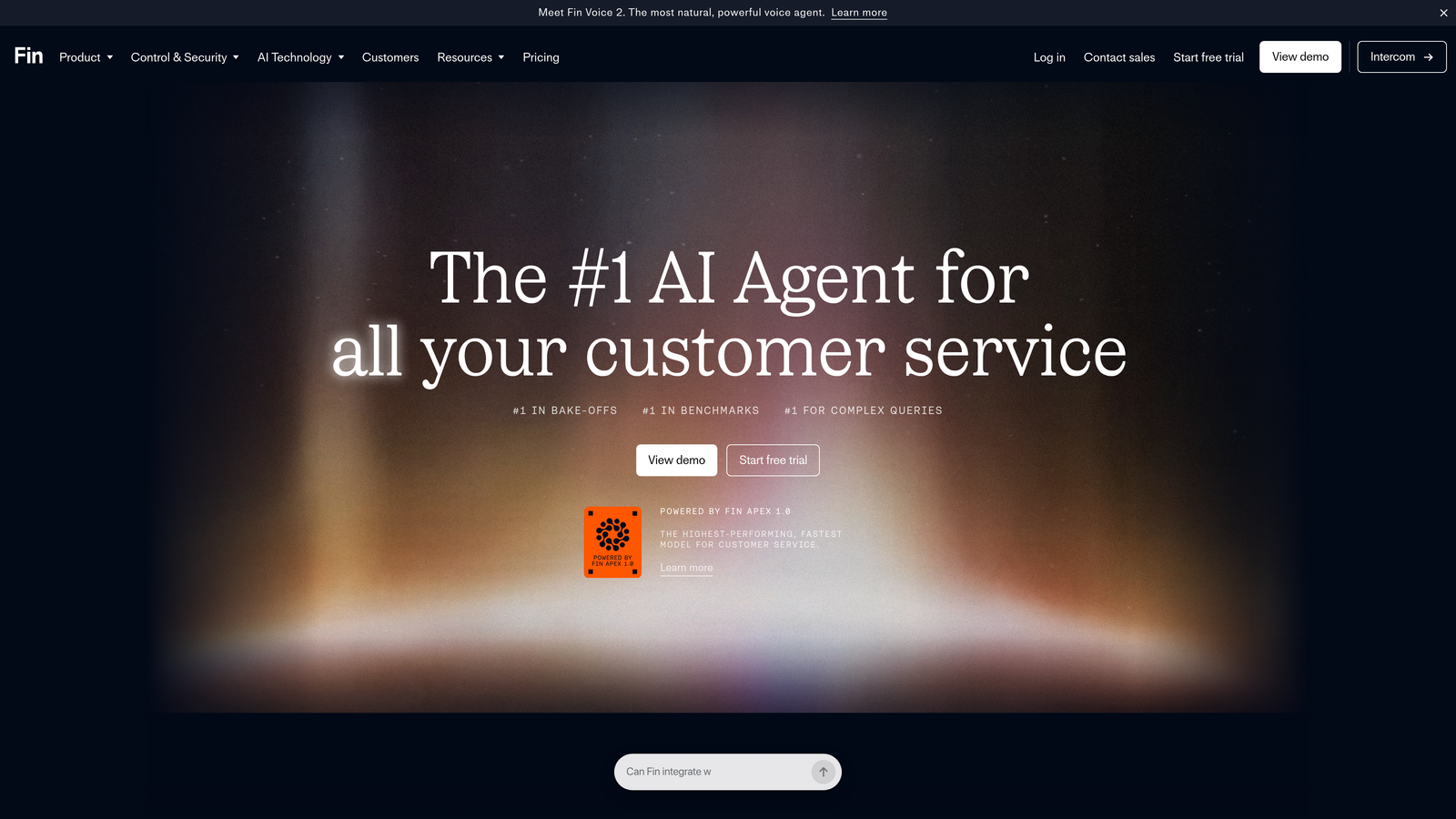 Screenshot of Intercom (Fin AI Agent) website