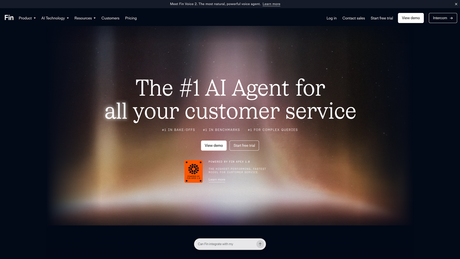 Screenshot of Intercom (Fin AI Agent) website